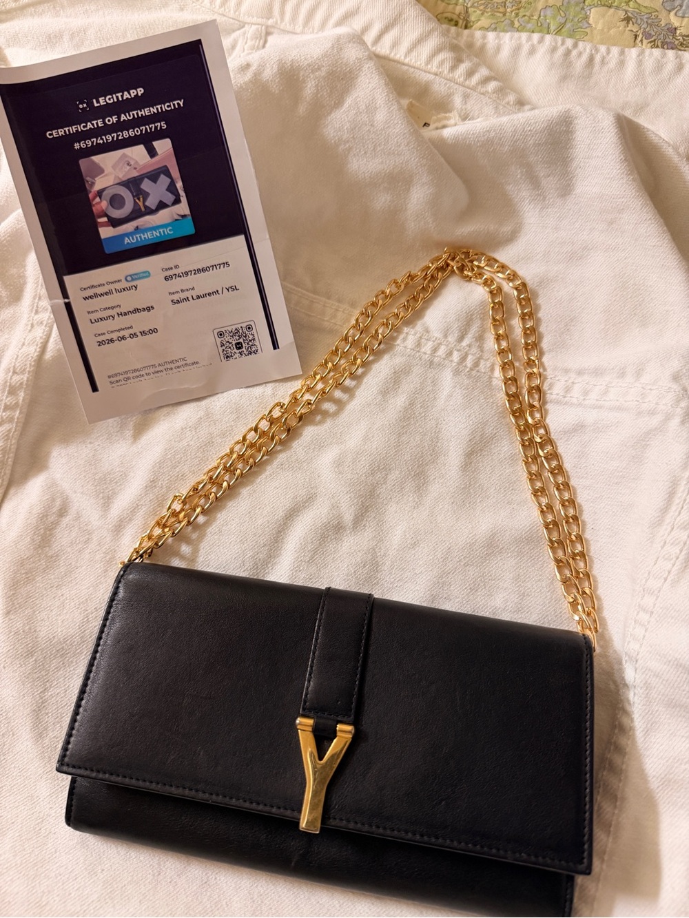 Saint Laurent YSL Black Leather Wallet with an unbranded Chain